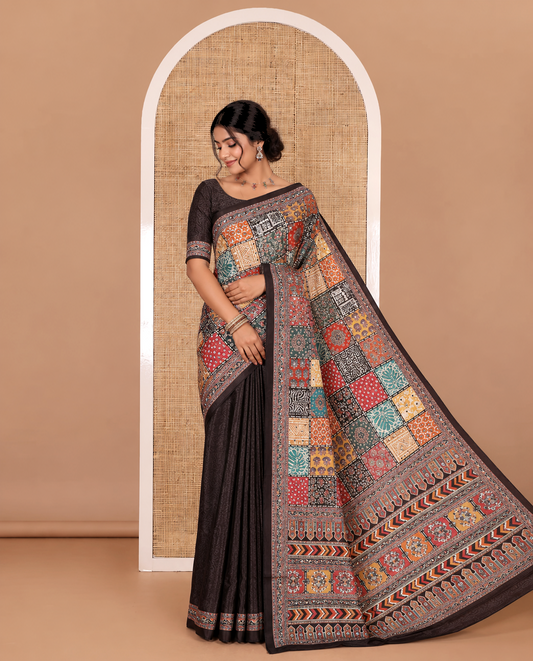 Black kaleidoscopic-colored floral, paisleys, and geometric printed with mirror work masakali saree, printed border, print and mirror work pallu, and matching blouse