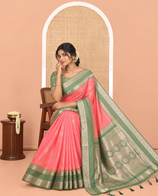 Pink Zari Design Elite Soft Saree, Contrast Rettai Pettu Border, Grand Pallu, and a Contrast Blouse