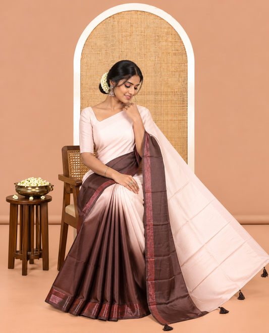 Ivory-Brown Plain Ombre-Style Satin Crepe Saree