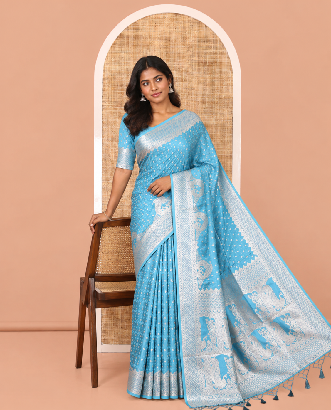 Blue Satin Silk Saree, Steeped in Richness of Buttas and Embossed Texture, Traditional Peacock Zari Border, Peacock Pallu, and a Matching Blouse