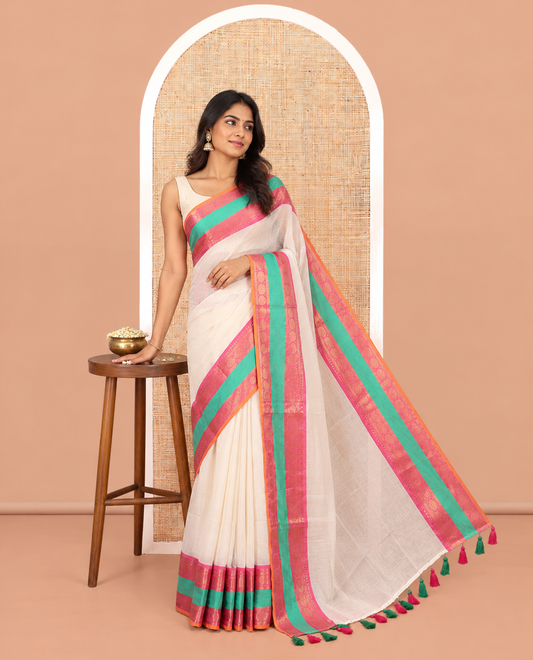 Cream Plain Khadi Mul Cotton Saree, Complemented by Contrast Traditional Zari Border, a Self-Pallu, and No Blouse