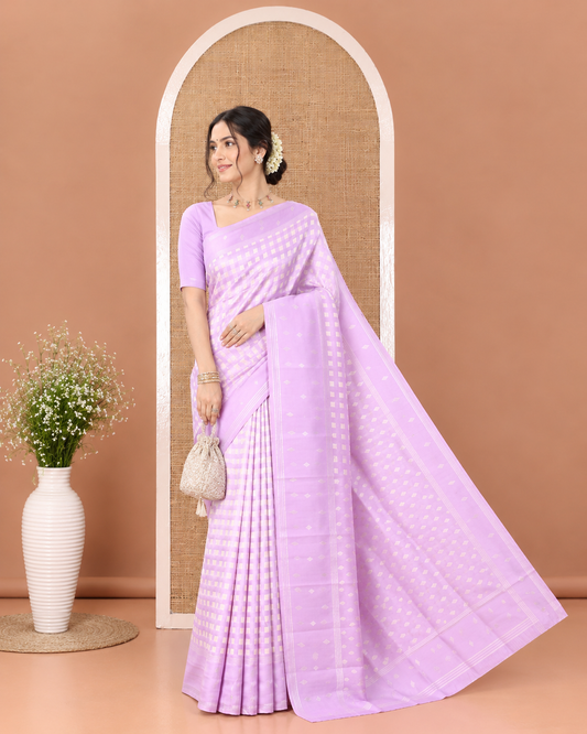 Lavender Art Silk Saree, Enlivened with Checked Design on Its Body, Highlighted by a Self-Border of Diamond Patterns, Pallu Steeped with Buttas, and Paired with a Matching Blouse