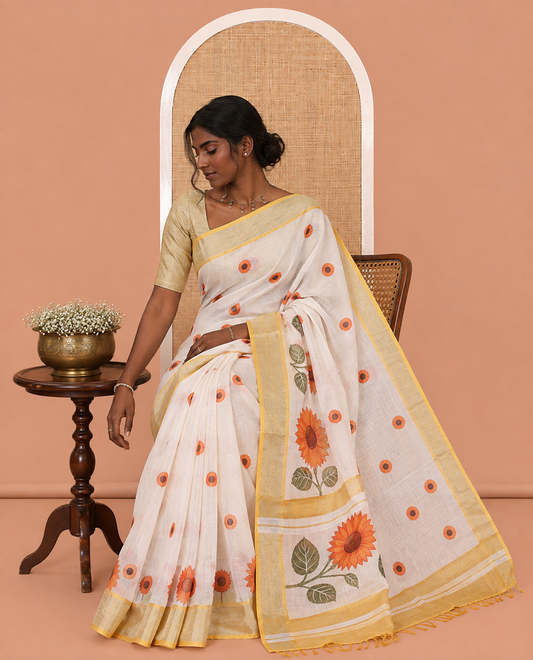 Cream Sunflower Printed Linen Cotton Saree, a Contrast Zari Border, and a Contrast Blouse