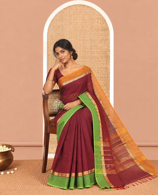 Red Plain Chettinad Cotton Saree, Contrast Ganga-Jamuna Border, Striped Pallu, and a Matching Blouse