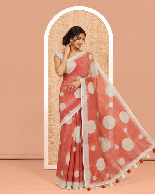 Rust Orange Linen Cotton Saree, Subtly Sparkled with Polka Dot Buttas, a Contrast Border, a Contrast Blouse