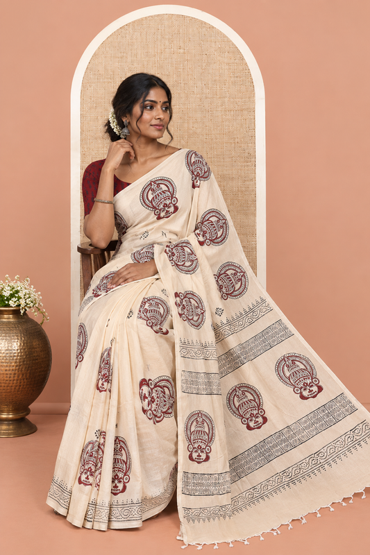 Borderless Cream Kathakali Buttas South Cotton Saree, a Printed Pallu, a Matching Blouse, a Contrast Block-Printed Blouse