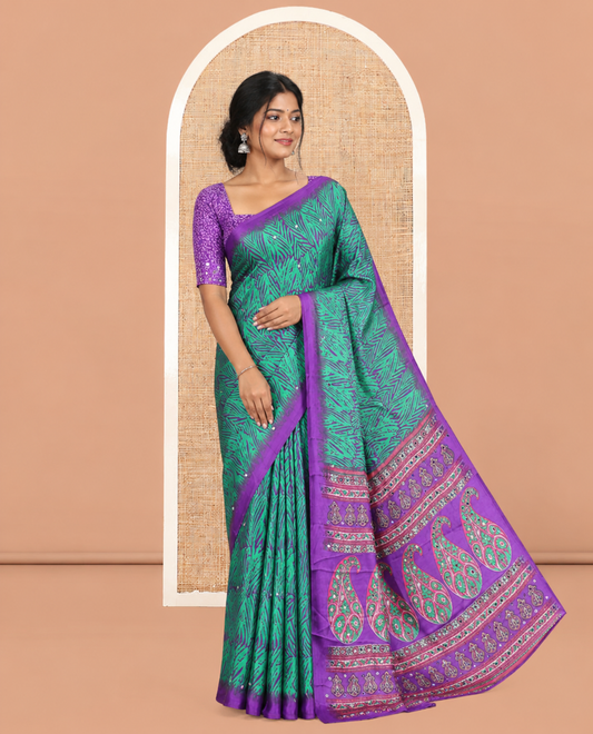 Green Satin Crepe Saree, Bedecked with Zebra Print and Mirror Work, a Contrast Border, Paisley Printed Pallu, a Contrast Blouse