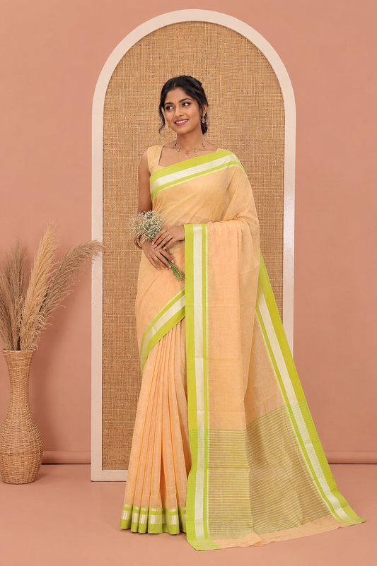 Light Yellow Mercerised Cotton Saree with Sparse Stripes, a Contrast Temple Border, Striped Pallu, and a Matching Blouse
