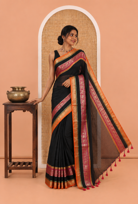 Black Plain Khadi Mul Cotton Saree, Complemented by Contrast Rettai Pettu Traditional Peacock Border, No Blouse