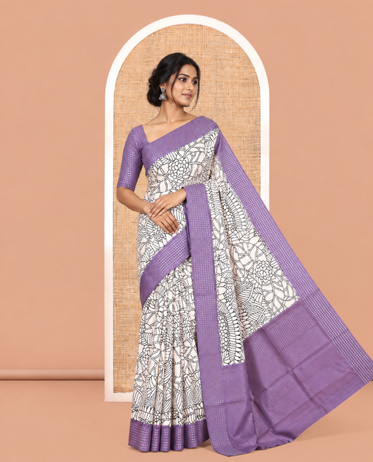 Cream-Violet Dola Silk Saree, Adorned with Floral Print, a Contrast Checked Border, Pallu of Buttas, and a Contrast Blouse