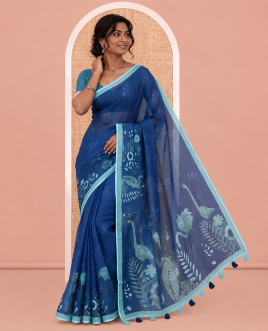 Blue Linen Cotton Saree, Beautified with Floral Crane Motifs Print, a Contrast Border, and a Contrast Blouse