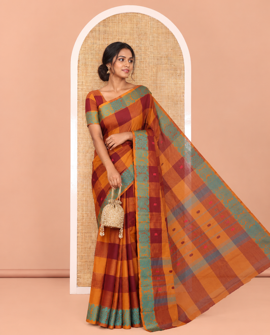 Mustard-Wine Checked Chettinad Cotton Saree, Subtly Woven with Buttas, a Subtle Floral-Chakram Border, and a Matching Blouse