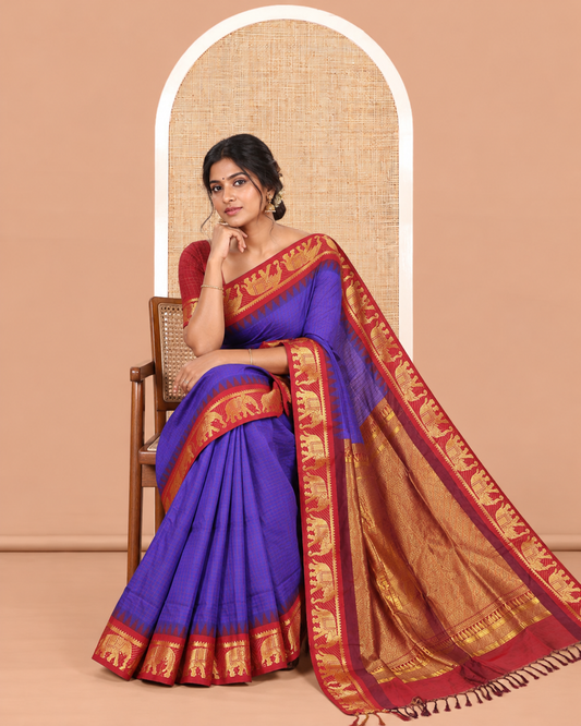 Royal Blue Checked Kalyani Cotton Saree, a Contrast Temple Elephant Motif Border, Grand Jaal Pallu, and a Contrast Blouse