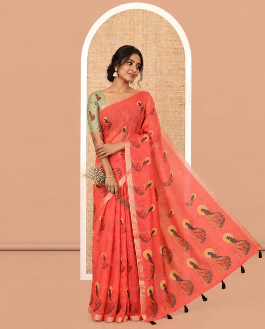 Red Linen Cotton Saree, Adorned with Butterfly Woman Print, a Piping Border, a Contrast Blouse