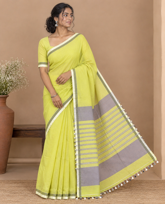 Parrot Green Plain Khadi Mul Cotton Saree, a Contrast Satin Border, Striped Pallu, and a Plain Blouse