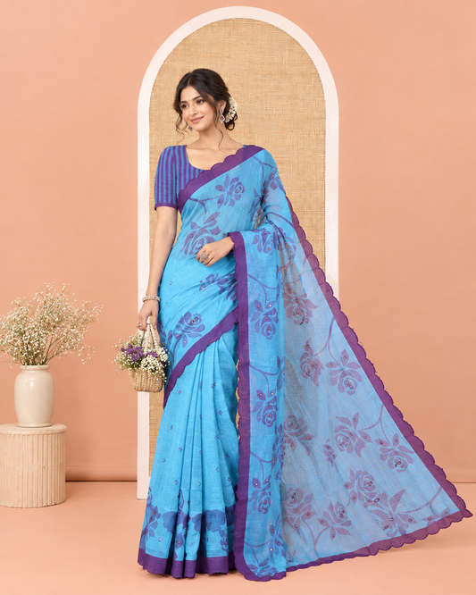 Blue Linen Cotton Saree, Bedecked with Floral Print and Mirror Work on Its Body, Complemented by Contrast Scallop Border, Pallu of Print and Mirror Work, and Paired with a Matching Blouse