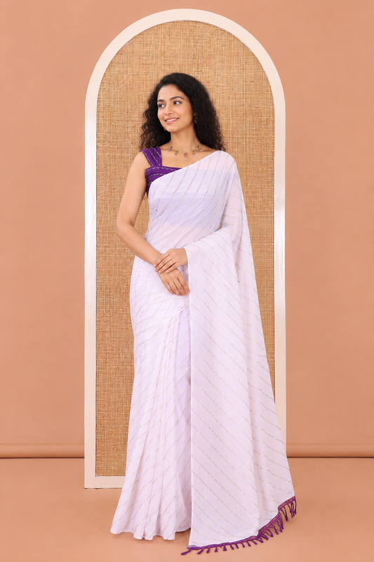 Borderless White-Violet Rangoli Chiffon Saree, Gleamed Up with Foil-Printed Leheriya Stripes, a Contrast Sequins Blouse