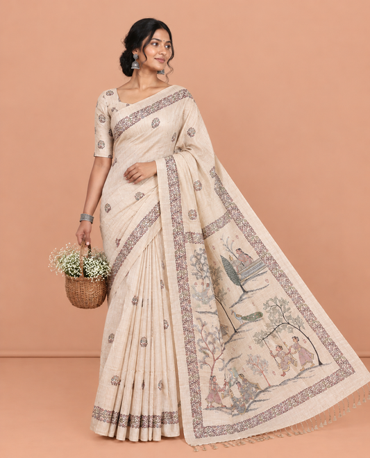 Chikku Matka Tussar Saree, Adorned with Unique Print, a Self-Border, Painting-Style Printed Pallu, and a Matching Blouse