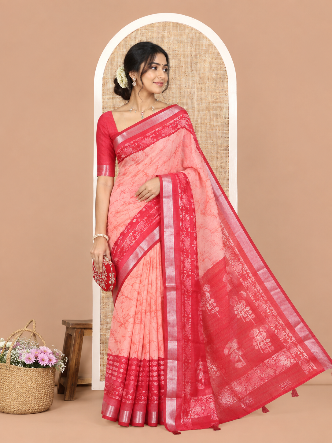 Pink Jute Linen Cotton Saree, Finely Crafted with Batik Print, Contrast Batik-Printed Zari Border, Batik-Printed Pallu, a Contrast Blouse