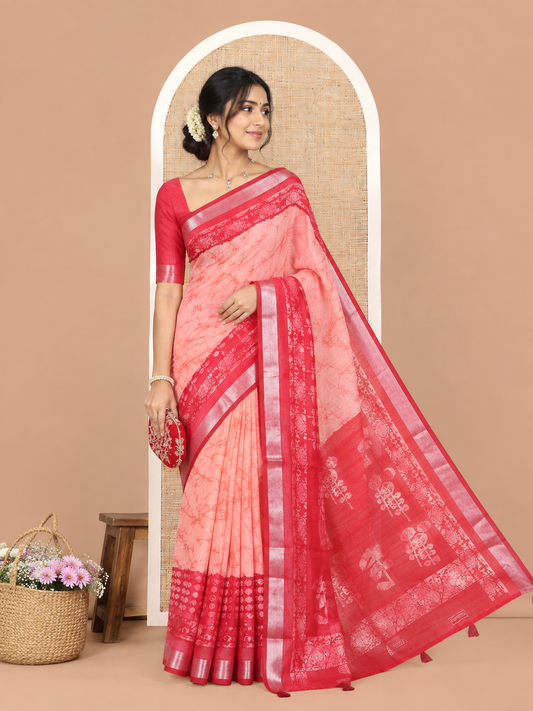 Pink Jute Linen Cotton Saree, Finely Crafted with Batik Print, Contrast Batik-Printed Zari Border, Batik-Printed Pallu, a Contrast Blouse