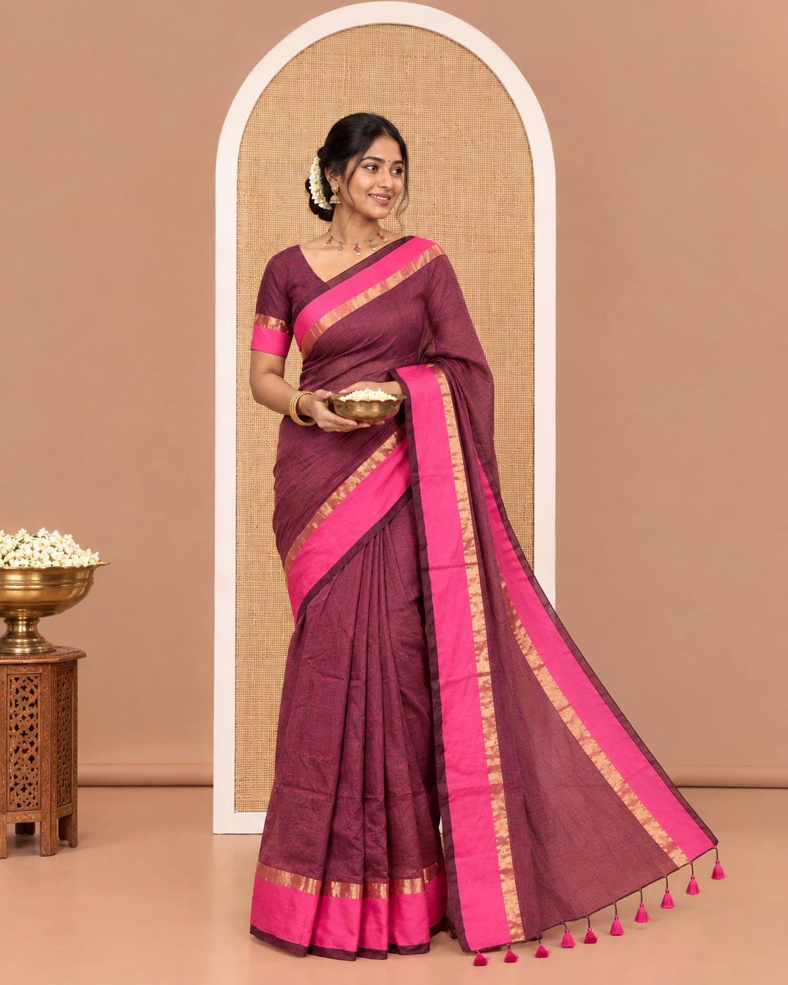 Purple  Plain Khadi Mul Cotton Saree, Complemented by a Contrast Pink Zari Border, Plain Pallu, and Paired with a Matching Blouse