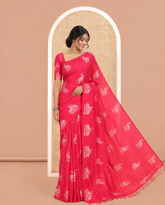 Borderless Pink Vichitra Silk Saree with Deer Motifs, Self-Pallu, No Blouse