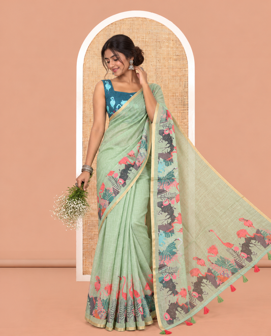 Pista Green Plain Linen Cotton Saree