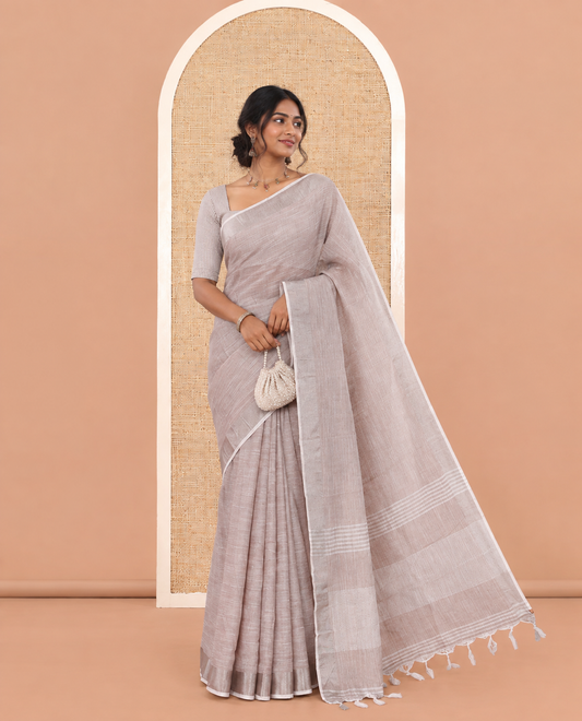 Brown Plain Linen-Cotton Saree, a Zari Border, Striped Pallu, and a Matching Blouse