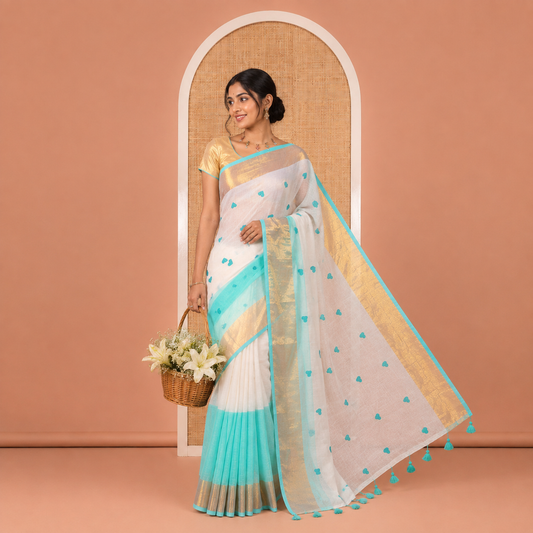 Cream and Rama Green Khadi Mul Cotton Saree, Adorned with Half-And-Half-Style and Heart Motifs Embroidery on Its Body, a Subtle Gold Zari Border, a Self-Pallu, and Has No Blouse