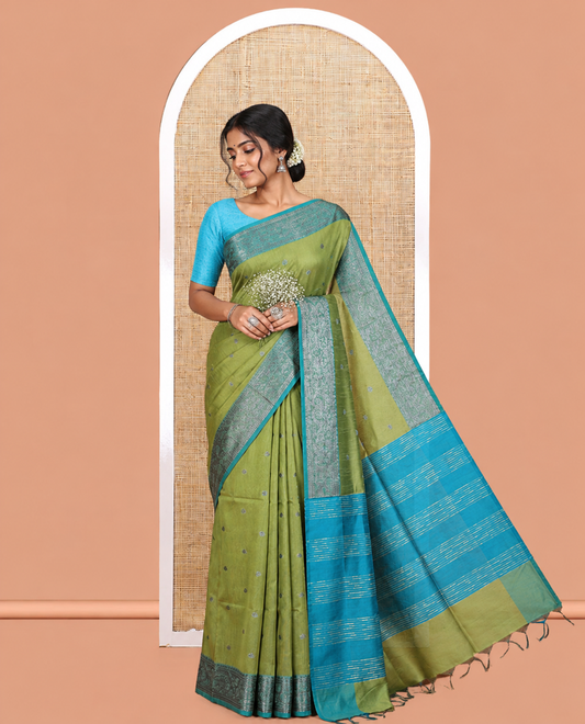 Elachi Green Semi-Raw Silk Saree Features Thread Buttas, Contrast Intricate Border, Striped Pallu, and a Contrast Blouse