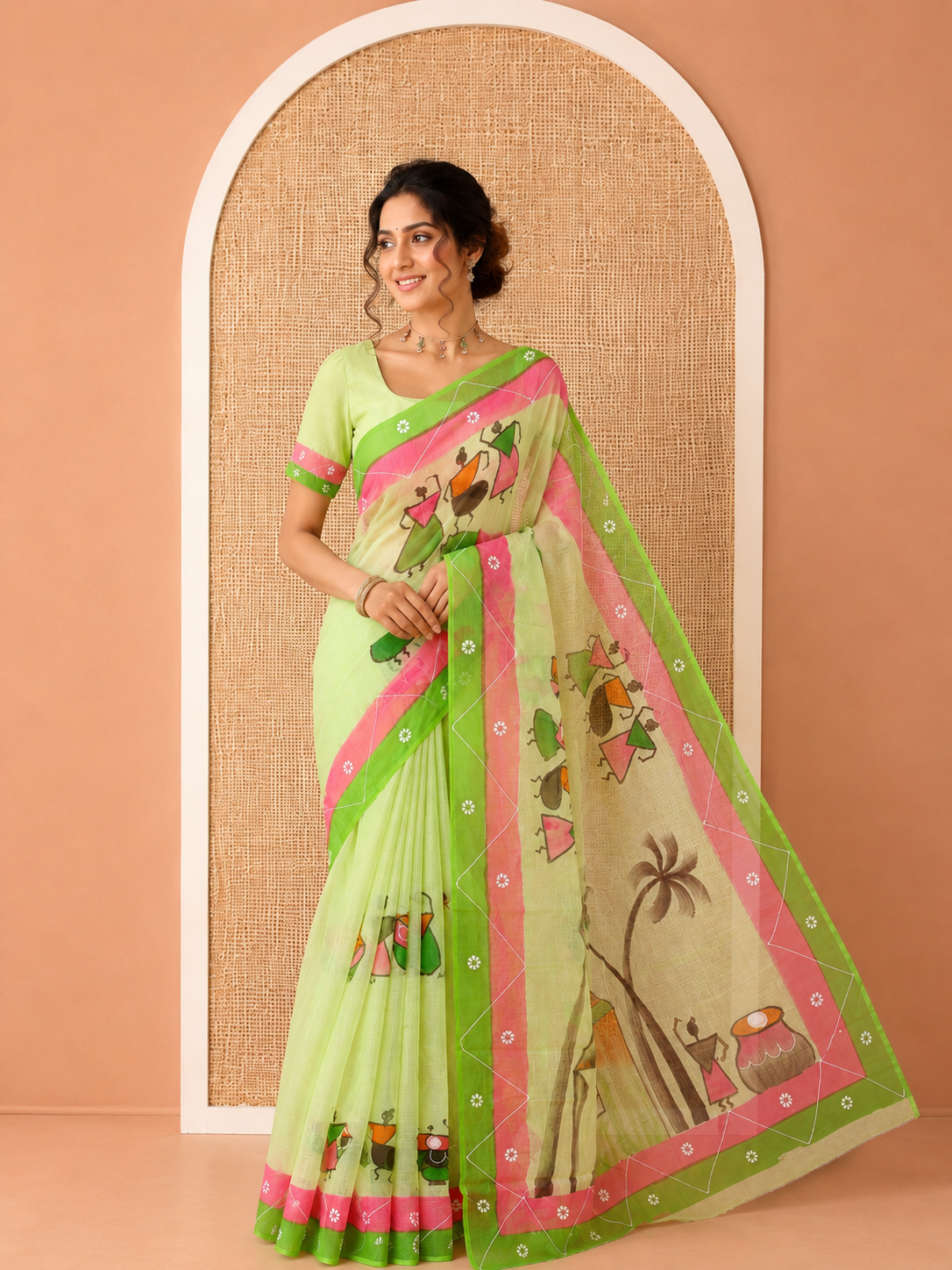 Parrot Green Kota Doria Saree with Artful Warli Print, a Contrast Border, Village Printed Pallu, and a Matching Blouse
