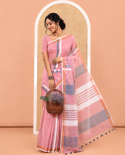 Onion Pink Khadi Cotton Saree, Adorned with Stripes, a Subtle Border, Striped Pallu, and Plain Blouse