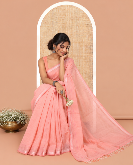 Peach Plain Chanderi Cotton Saree
