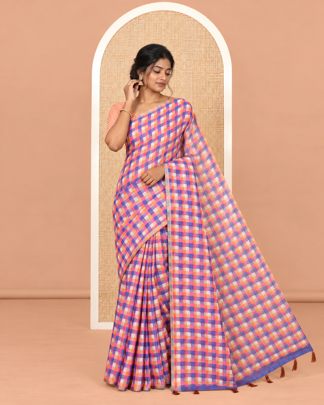 Borderless Orange-Royal Blue Checked Linen Cotton Saree, and Contrast Blouse