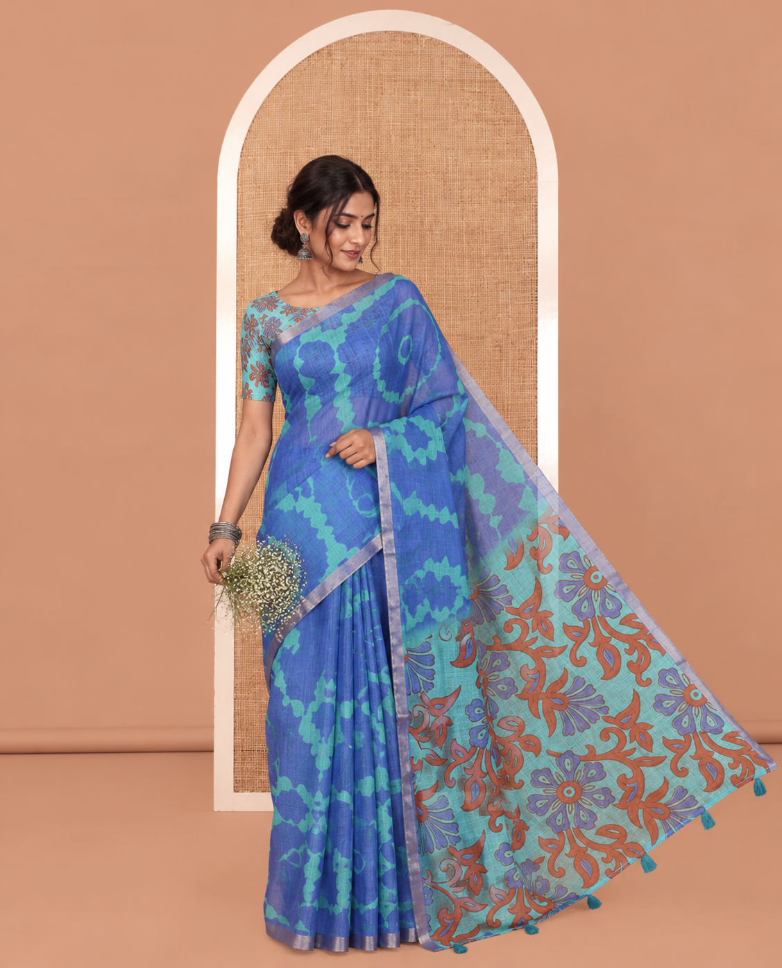Royal Blue Shibori Printed Linen Cotton Saree, a Piping Border, Floral Pallu, and a Contrast Blouse