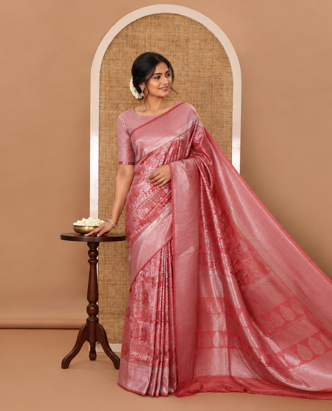 Onion pink floral & elephant jacquard softy saree, diamond design zari border, intricate pallu & matching jacquard blouse