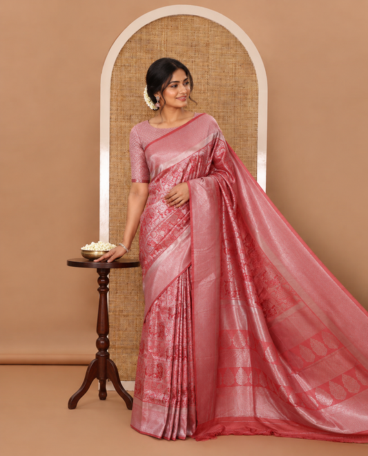 Onion pink floral & elephant jacquard softy saree, diamond design zari border, intricate pallu & matching jacquard blouse