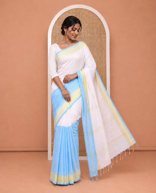 White-Blue Half-And-Half Plain Khadi Cotton Saree, a Subtle Zari Border, Striped Pallu, and No Blouse
