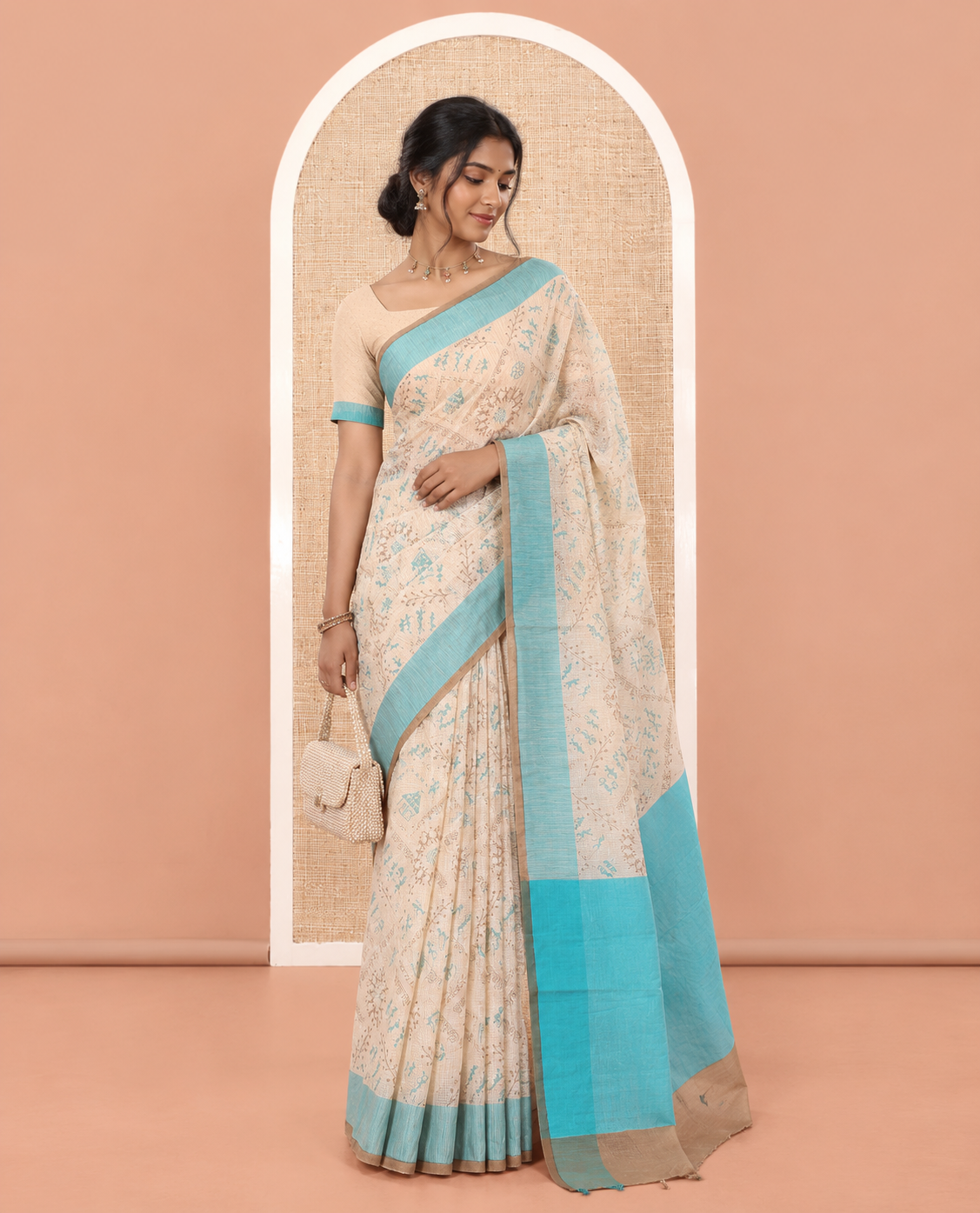 Cream-Rama Village Warli Printed Patola Cotton Saree, a Contrast Border, Contrast Pallu, and a Matching Blouse