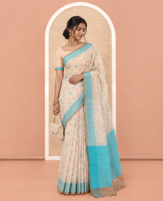 Cream-Rama Village Warli Printed Patola Cotton Saree, a Contrast Border, Contrast Pallu, and a Matching Blouse