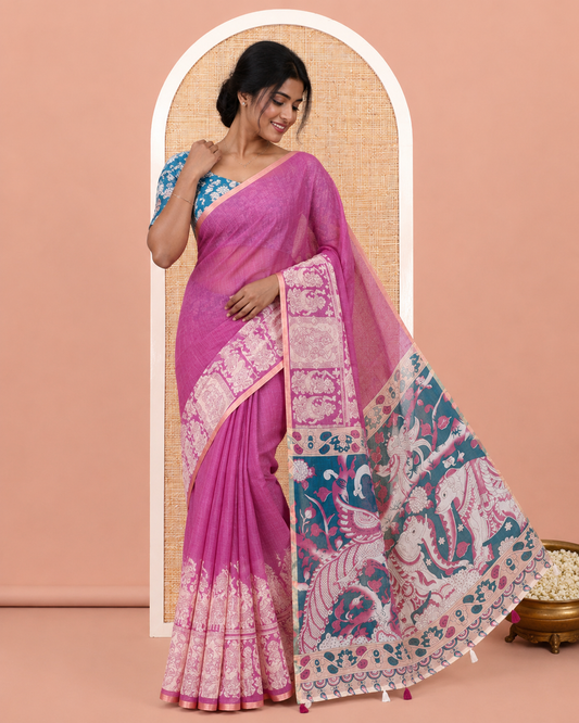 Onion Pink Linen Cotton Saree Features Kalamkari-Style Human Motifs Print, a Piping Border, Contrast Printed Pallu, and Contrast Blouse