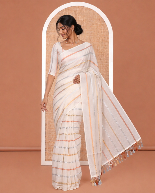 Borderless Off-White Kerala Cotton Saree Features Gold-Copper-Silver Zari Stripes, and a Matching Blouse