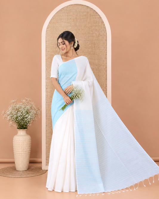 Borderless White and Baby Blue Plain Khadi Mul Cotton Saree, Self-Pallu Steeped with Stripes, and Paired with a Plain Blouse