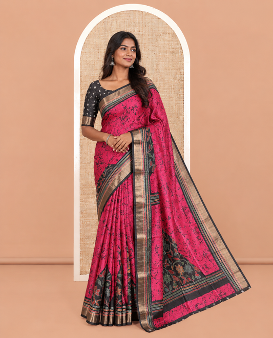 Rani Pink Katan Silk Saree, Detailed with Batik Print, a Contrast Kantha Work Border, Pallu of Floral Print and Kantha Work, and a Contrast Blouse