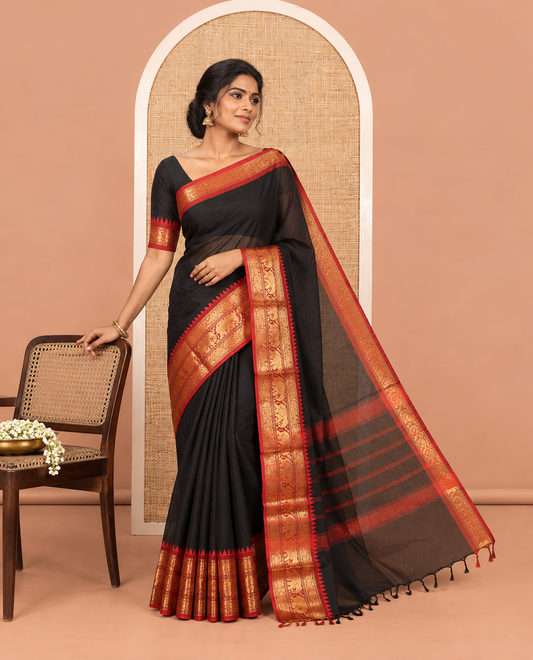 Black Plain Chettinad Cotton Saree, a Contrast Temple Elephant-Peacock Zari Border, Striped Pallu, a Matching Blouse