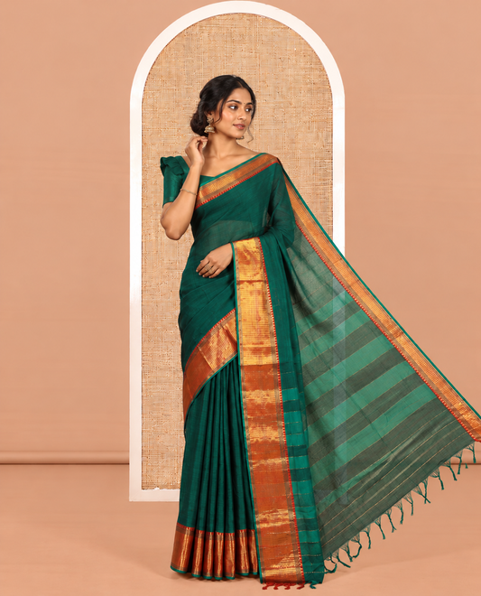 Green Plain Mercerised Cotton Saree, a Contrast Traditional Zari Border, Striped Pallu and a Matching Blouse