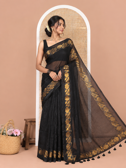 Black Plain Khadi Mul Cotton Saree, a Floral Creeper Border, a Self-Pallu, and No Blouse