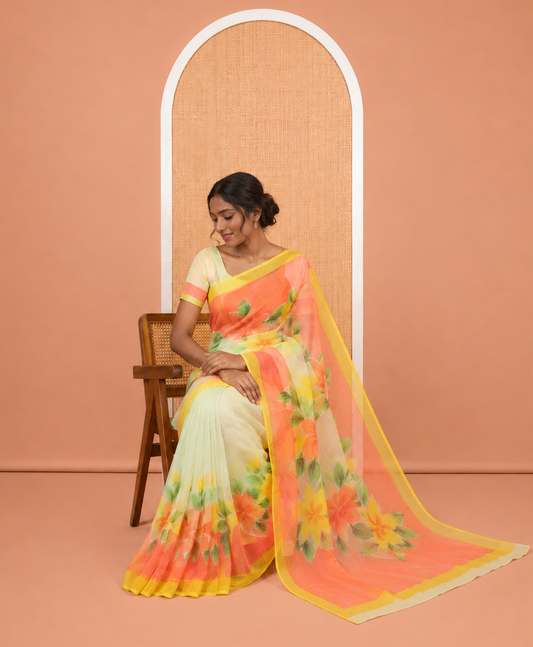 Yellow Kota Doria Saree, Adorned with 6-Petal Floral Print, a Contrast Border, and a Matching Blouse