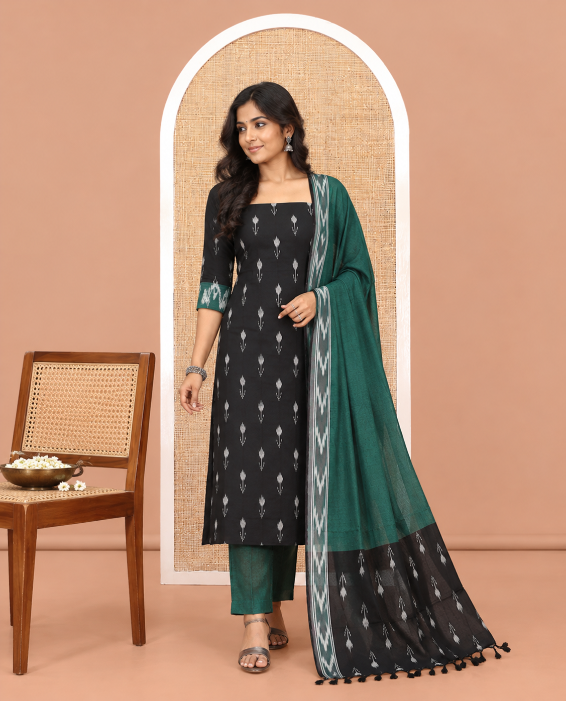 Black-Green Pure Cotton Saree Material Chudidar Ikat Buttas Top, a Contrast Bottom, and Ikat Buttas Dupatta