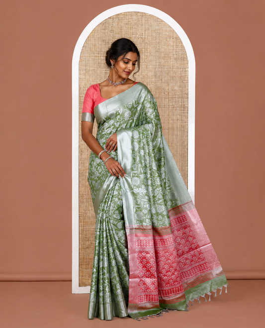 Olive Green Tissue Cotton Saree Features Floral Vine Design, a Zari Border, Contrast Intricate Pallu, and a Contrast Blouse